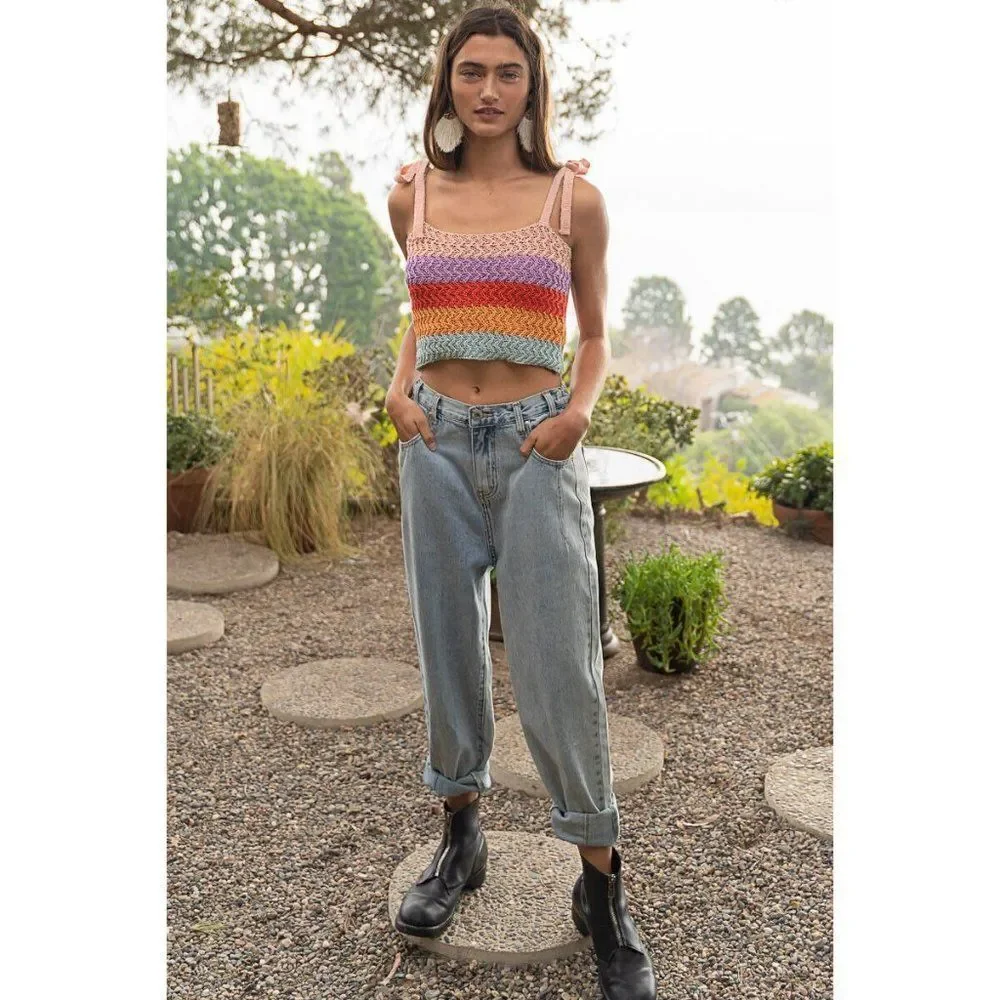 POL Clothing Tie Shoulder Sweater Crop Tank Top Rainbow Sherbet Summer YST7 - Picture 8 of 9